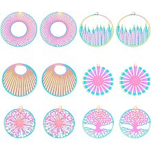 UNICRAFTALE 24Pcs 6 Style Rainbow Color Flat Round Filigree Charms Pendants Hollow Tree of Life Dangle Earring Charms 1.4mm Hole 201 Stainless Steel Charms Pendants for Earring Bracelets Making