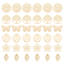 UNICRAFTALE 36Pcs 6 Style Gold Botanical Themed Pendant Stainless Steel Filigree Pendants Etched Metal Embellishments Flower Butterfly Leaf Flat Round Hollow Pendant Charms for Jewelry Making