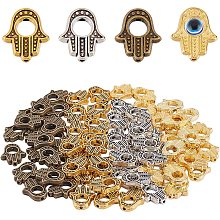 SUNNYCLUE 1 Box 80Pcs 4 Colors Hamsa Hand Bead Alloy Hand of Fatima Miriam Frame Hollow Beads Loose Spacer Charms Chakra Tibetan Style for Jewelry Making Bracelets Necklaces Crafts Supplies