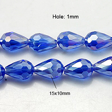 Honeyhandy Electroplate Glass Beads Strands, AB Color Plated, Faceted Teardrop, Deep Sky Blue, 15x10mm, Hole: 1mm, 50pcs/strand, 27.1 inch