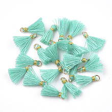 Honeyhandy Polycotton(Polyester Cotton) Tassel Pendant Decorations, Mini Tassel, with Iron Findings and Metallic Cord, Light Gold, Turquoise, 10~15x2~3mm, Hole: 1.5mm