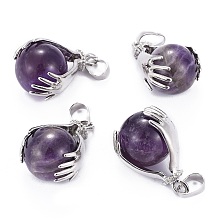 Honeyhandy Gemstone Pendants, with Brass Findings and Natural Amethyst, Round, Platinum, Medium Purple, 27x18mm, Hole: 4x6mm