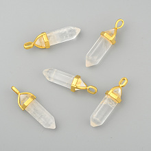 Honeyhandy Natural Quartz Crystal Pointed Pendants, with Random Alloy Pendant Hexagon Bead Cap Bails, Golden, Bullet, 37~40x12.5x10mm, Hole: 3x4.5mm