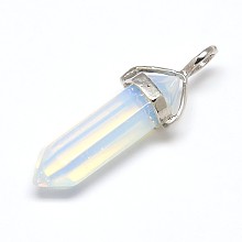 Honeyhandy Faceted Bullet Opalite Double Terminated Pointed Pendants, with Random Platinum Plated Alloy Pendant Hexagon Bead Cap Bails, Platinum, 36~45x10mm, Hole: 3mm