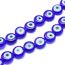 Honeyhandy Handmade Evil Eye Lampwork Flat Round Bead Strands, Blue, 6x3mm, Hole: 1mm, about 65pcs/strand, 14 inch