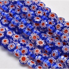 Honeyhandy Handmade Millefiori Glass Flat Round Bead Strands, Single Flower Design, Royal Blue, 8x4mm, Hole: 1mm, about 53pcs/strand, 14.7 inch