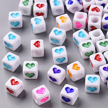 Arricraft White Opaque Acrylic Beads, Cube with Heart, Mixed Color, 6.5x6x6mm, Hole: 3mm