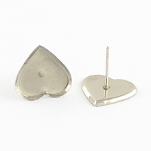 Honeyhandy Earring Cabochon Settings 304 Stainless Steel Ear Studs Blank Settings, Stainless Steel Color, Heart Tray: 8x9mm, 9x8x1.5mm, Pin: 0.5mm