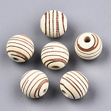 Honeyhandy Painted Natural Wood Beads, Laser Engraved Pattern, Round with Zebra-Stripe, Light Yellow, 15.5~16.5x15mm, Hole: 4mm