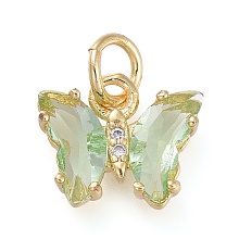 Honeyhandy Brass Micro Pave Clear Cubic Zirconia Pendant, with Glass, Butterfly, Golden, Dark Sea Green, 12.5mm