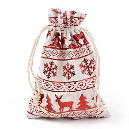 Honeyhandy Christmas Theme Cotton Fabric Cloth Bag, Drawstring Bags, for Christmas Party Snack Gift Ornaments, Christmas Themed Pattern, 14x10cm