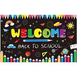 FINGERINSPIRE 71x43 inch Welcome Back to School Banner with Hanging Rope Colorful Words Party Supplies Black Rectangle Polyester Hanging Sign with Car Rainbow Pattern for Outdoor & Indoor Decor