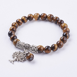 Honeyhandy Natural Tiger Eye Stretch Bracelets, with Tibetan Style Pendants,  2 inch(51mm)