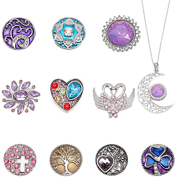 CHGCRAFT 10Pcs 10 Style Alloy Rhinestone Snap Button, with Enamel, Jewelry Buttons, Flower & Swan & Half Round, Mixed Color, 19~21.5x19~24x6.5~10mm, 1pc/style