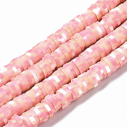 Honeyhandy Handmade Polymer Clay Beads Strands, for DIY Jewelry Crafts Supplies, Heishi Beads, Disc/Flat Round, Pink, 6x0.5~1mm, Hole: 1.8mm, about 320~447pcs/strand, 15.75 inch~16.14 inch(40~41cm)