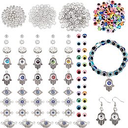 SUPERFINDINGS 40Pcs Evil Eye Charms and links with 100pcs Round Evil Eye Resin Beads 200Pcs Flat Round Spacer Beads 100Pcs Flower Daisy Spacer Beads and Other Accessories for jewelry Making