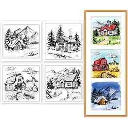 GLOBLELAND 4Pcs Mini Cabin Clear Stamps for DIY Scrapbooking Mini Farm House Landscape Silicone Clear Stamp Seals Transparent Stamps for Cards Making Photo Album Journal Home Decoration