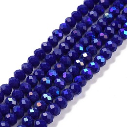 Honeyhandy Electroplate Opaque Solid Color Glass Beads Strands, Half Rainbow Plated, Faceted, Rondelle, Blue, 8x6mm, Hole: 1mm, about 65~68pcs/strand, 15.7~16.1 inch(40~41cm)