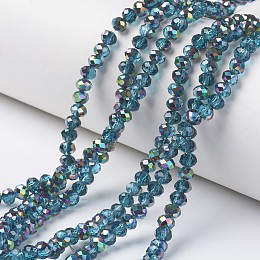 Honeyhandy Electroplate Transparent Glass Beads Strands, Half Multi-color Plated, Faceted, Rondelle, Deep Sky Blue, 6x5mm, Hole: 1mm, about 92~94pcs/strand, 17~17.5 inch(42.5~43.75cm)