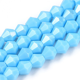 Opaque Solid Color Electroplate Glass Beads Strands, Pearl Luster Plated, Faceted, Bicone, Light Sky Blue, 6x5.5mm, Hole: 1mm, about 45~47pcs/strand, 9.65~9.84 inch(24.5~25cm)