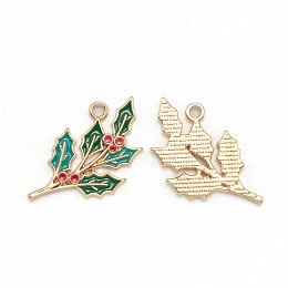 Honeyhandy Alloy Enamel Pendants, for Christmas, Light Gold, Leaf, Green, 33.5x18.5x2mm, Hole: 2mm