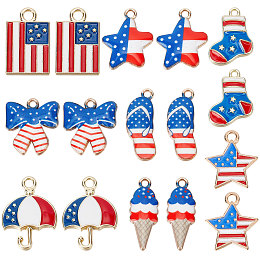 SUNNYCLUE 32Pcs 8 Style Independence Day Rack Plating Alloy Enamel Pendants, Light Gold, Star & Bowknot & Rectangle, Mixed Color, 17~22.5x8.5~16x1.5~2.5mm, Hole: 1.4~2mm, 4pcs/style