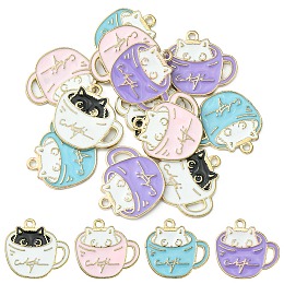 Honeyhandy 12Pcs 4 Colors Alloy Enamel Pendants, Light Gold, Cup with Cat Charm, Mixed Color, 18.5x20x1mm, Hole: 1.5mm, 3pcs/color