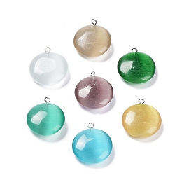 Cat Eye Pendants, with Platinum Tone Iron Loops, Flat Round Charms, Mixed Color, 23.5x20x7mm, Hole: 1.5mm