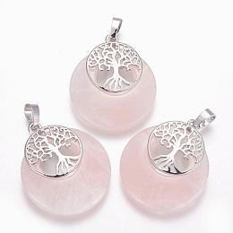 Honeyhandy Natural Rose Quartz Pendants, with Platinum Tone Brass Findings, Flat Round with Tree of Life, 32.5~33x27.5~28x5~6mm, Hole: 5x7mm