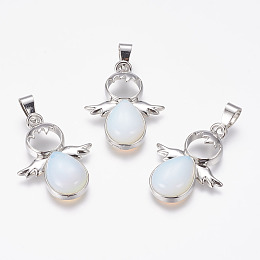 Honeyhandy Opalite Pendants, Angel, with Brass Finding, Platinum, 34x25.5x4.5~6.5mm, Hole: 4~5x7mm