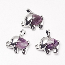 Honeyhandy Natural Amethyst Pendants, with Brass Findings, Elephant, Platinum, 22.5x27x8mm, Hole: 5x8mm