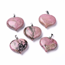 Honeyhandy Natural Rhodonite Pendants, Love Heart Charms, with Platinum Tone Brass Snap on Bails, 24~25.5x25x9.5~10mm, Hole: 8x2.8mm