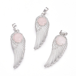 Honeyhandy Natural Rose Quartz Pendants, with Platinum Tone Brass Findings, Wing, 47x16x7.5mm, Hole: 7x5mm