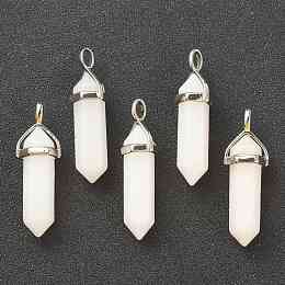 Honeyhandy Natural White Jade Pendants, with Platinum Tone Brass Findings, Bullet, 39.5x12x11.5mm, Hole: 4.5x2.8mm