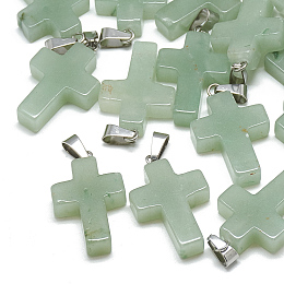 Honeyhandy Natural Green Aventurine Pendants, with Stainless Steel Snap On Bails, Cross, 29~30x18~19x5~6mm, Hole: 6x4mm