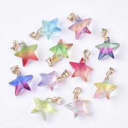 NBEADS Rainbow K9 Glass Pendants, with Brass Findings, Faceted, Star, Golden, Mixed Color, 15.5x16.5x8mm, Hole: 4x3.5mm