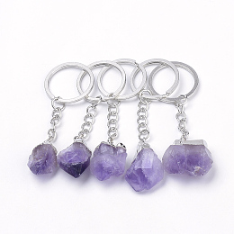 Honeyhandy Natural Amethyst Keychain, with Iron Findings, Nuggets, Platinum, 80~91mm