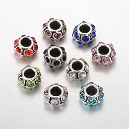 Honeyhandy Rondelle Tibetan Style Alloy Rhinestone European Large Hole Beads, Mixed Color, 11x7mm, Hole: 4.5mm