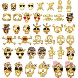 Arricraft 42 Pcs Skull Nail Charms, 21 Styles Zinc Alloy Cabochons Beads with Rhinestone and Enamel Halloween Theme Mixed Color Skeleton Hand Nail Accessories for Nail Decoration Design