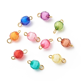 Honeyhandy Transparent Acrylic Connector Charms, Faceted, with Golden Plated Brass Double Loops, Round, Mixed Color, 14x7.5mm, Hole: 1.5mm and 2mm