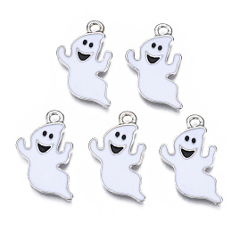 Rack Plating Alloy Enamel Pendants, Halloween, Ghost, Cadmium Free & Nickel Free & Lead Free, Platinum, White, 23x14x1mm, Hole: 1.8mm