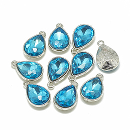 Honeyhandy Alloy Glass Charms, Faceted, teardrop, Platinum, Deep Sky Blue, 14.5x9x5mm, Hole: 1.5mm