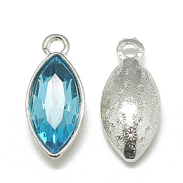 Honeyhandy Alloy Glass Pendants, Faceted, Horse Eye, Platinum, Deep Sky Blue, 20x9x5mm, Hole: 1.5mm