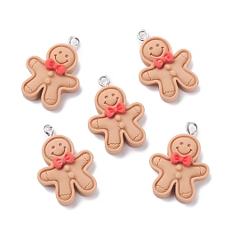 Honeyhandy Opaque Resin Pendants, with Platinum Tone Iron Loops, Christmas Theme, Gingerbread Man, BurlyWood, 27.5x19.5x6.5mm, Hole: 2mm