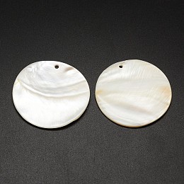 Honeyhandy Flat Round Freshwater Shell Pendants, Creamy White, 44~46x3mm, Hole: 2mm