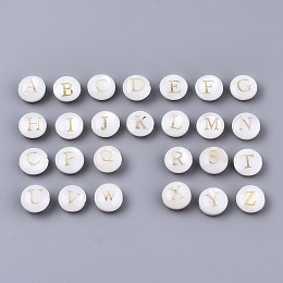 Honeyhandy Natural Freshwater Shell Beads, with Golden Plated Brass Etched Metal Embellishments, Horizontal Hole, Flat Round with Letter, Alphabet, Seashell Color, Letter A~Z, 8x3~5mm, Hole: 0.7mm, about 26pcs/set