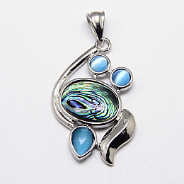 Honeyhandy Abalone Shell/Paua Shell Pendants, with Brass Pendant Settings and Cat Eye Cabochons, Oval, Platinum Metal Color, Colorful, 39x26x4.5mm, Hole: 7x4mm