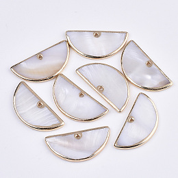 Honeyhandy Natural Freshwater Shell Pendants, with Edge Brass Golden Plated, Semi Circle/Half Round, Seashell Color, 15x30x2.5mm, Hole: 1.2mm