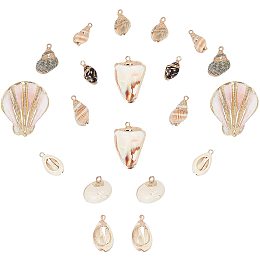 SUNNYCLUE 1 Box 20Pcs 10 Styles Sea Shell Pendants Cowrie Shell Charms Electroplate Spiral Shell Beads Charm Iron Findings for Women DIY Earring Necklace Bracelet Jewellery Making