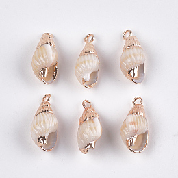 Honeyhandy Electroplate Spiral Shell Pendants, with Iron Findings, Light Gold, Seashell Color, 18~19x8~9x7~8mm, Hole: 1.5mm